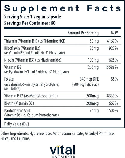 Vital Nutrients Vitamin B6 + B Complex | Vegan Methylated B Vitamins for Energy, Metabolism, Heart Health* | High-Potency Vitamin B6 for Menstrual Discomfort * | Gluten, Dairy, Soy Free | 60 Capsules