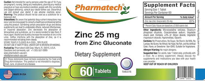 Zinc Gluconate 25 mg Chelated Elemental Zinc, Immune Support Supplement Mineral Antioxidant for Vegetarians, Acne, Easy to Swallow, 60 Tablets, by Pharmatech®