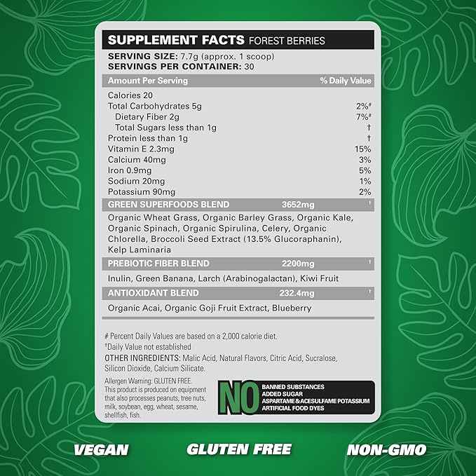 EHP Labs OxyGreens Super Greens Powder - Daily Greens Spirulina, Greens Superfood Powder & Greens Supplements Powder, Supergreens Antioxidants & Immunity Support, 30 Serves (Forest Berries)