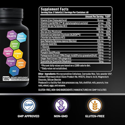 Prostate Health Supplements - Saw Palmetto for Men 320 mg, Pumpkin Seed Extract for Men's Health - 180 Prostate Supplement Tablets, 60 Serves