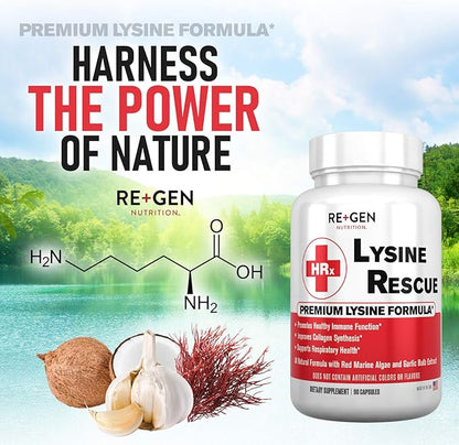 Re+Gen Nutrition Lysine Rescue, Amino Acid Supplement for Stronger Immune Health & Collagen Synthesis in Women & Men, Promotes Lips & Skin Health, Natural, Pure L-lysine, 90 Capsules, 45 Day Supply