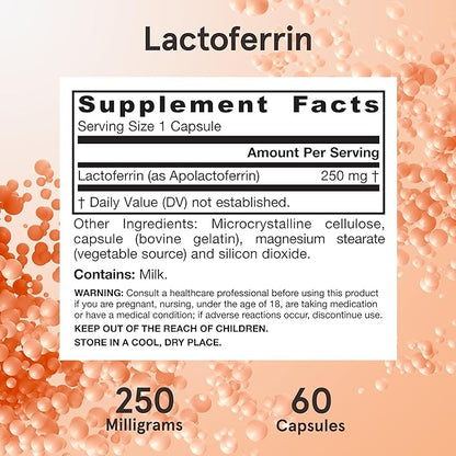 Jarrow Formulas Lactoferrin 250 mg - Immune-Supporting Glycoprotein - For Healthy Immune System Support & Iron Absorption - Freeze Dried - Gluten Free - Non-GMO - 60 Capsules (Servings)