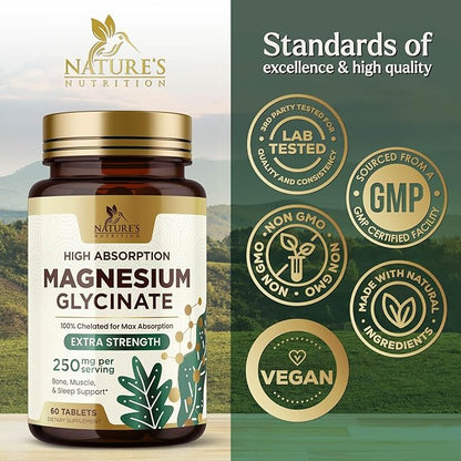Magnesium Glycinate 250 mg, 100% Chelated Magnesium Supplement - High Absorption Magnesium for Muscle, Heart, Bone and Nerve Health Support, Nature's Gluten Free, Vegan, Non-GMO Capsules - 60 Count