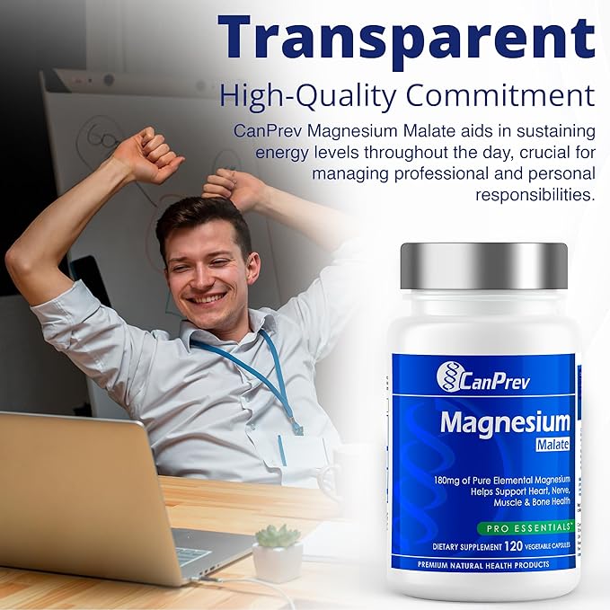 CanPrev Magnesium Malate, 120 Veg Caps, 120-Day Supply, 180mg Elemental Magnesium & 540mg Malic Acid, Vegan & Non-GMO, Supports Relaxation, Energy, Muscle Function, Bone Strength & Overall Well-Being