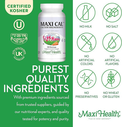 Maxi Health Calcium 1000 mg Supplement with Vitamin D3 (1000 IU) and Magnesium (500 mg) - Bone, Teeth and Joint Support for Men and Women - 180 Capsules - Maxi Cal