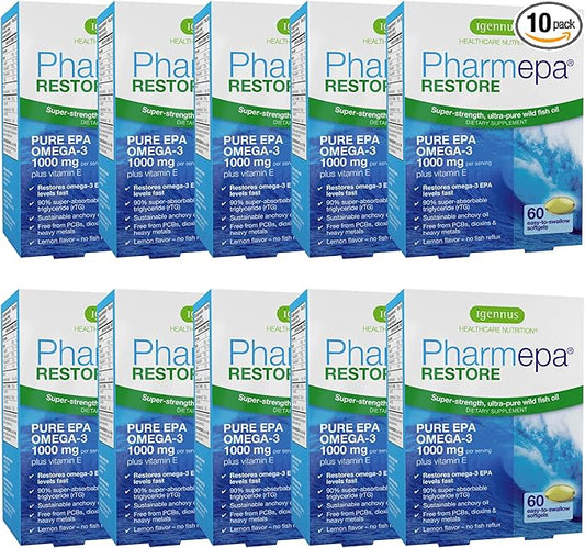 Igennus Pharmepa Restore, 1000mg Pure EPA Fish Oil, High Absorption rTG Omega-3, Triple Strength, Wild & Sustainable, Lemon Flavor, 1-Month Supply, 10-Months Supply, Pack of 10