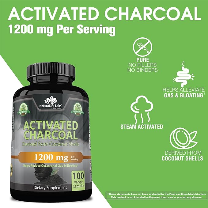 Activated Charcoal Capsules - 1,200 mg Highly Absorbent Helps Alleviate Gas & Bloating Promotes Natural detoxification Derived from Coconut Shells - per Serving - 100 Vegan Capsules