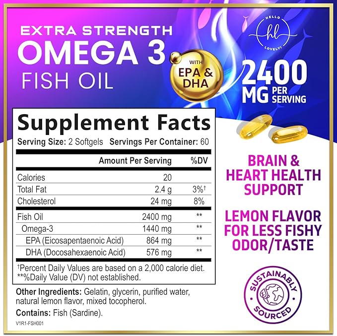 Omega 3 Fish Oil Triple Strength 2400 mg Rapid Release Softgels, Omega-3 Supplements, Natural Heart Health Brain & Joint Support - Fatty Acids with EPA & DHA - Fish Oil Supplement - 120 Softgels