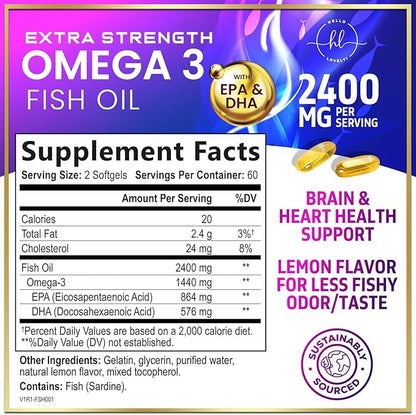 Omega 3 Fish Oil Triple Strength 2400 mg Rapid Release Softgels, Omega-3 Supplements, Natural Heart Health Brain & Joint Support - Fatty Acids with EPA & DHA - Fish Oil Supplement - 120 Softgels