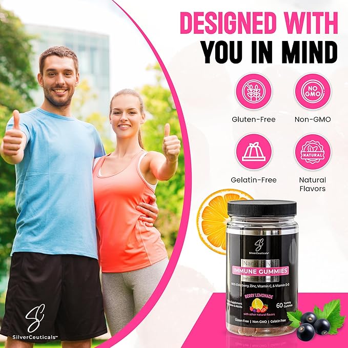 Immune Gummies - Sambucus Elderberry - Vitamin C & D - Zinc - Save Your Sick Days - Kids & Adults - Safe Ages 4 & Up - Nano Colloidal Silver - Gluten & Gelatin Free Non-GMO - Berry Lemonade - 60 Count
