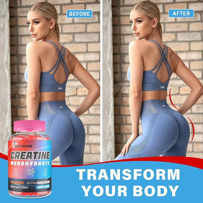 Creatine Monohydrate Gummies, Pre-Workout Chewables Supplement for Women and Men, Creatine Monohydrate with Taurine & B6 - for Muscle, Strength, Endurance & Energy, Vegan (Berry, 60 Gummies)