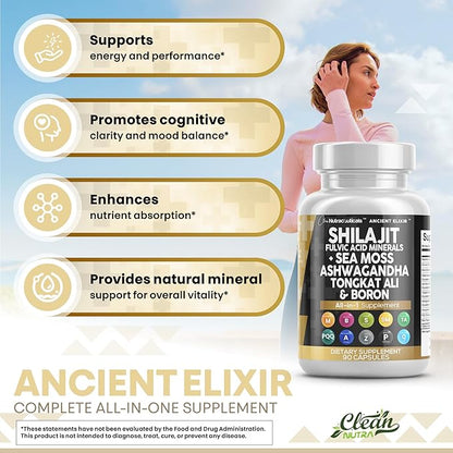 Clean Nutraceuticals Shilajit Supplement for Men with Sea Moss, Tongkat Ali, Ashwagandha, Boron, Zinc, CoQ10, PQQ - Fulvic Acid Capsules - Energy Support - 90 Count - Resin, Gummy & Powder Alternative