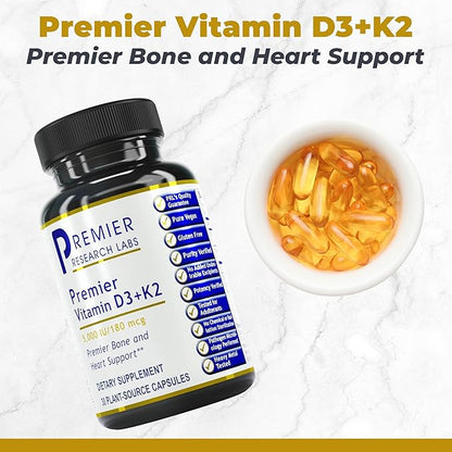Premier Research Labs: Vitamin D3 + K2 Supplements | for Bone Support and Promotes Heart Health, Gluten-Free - 5000 IU Vegan Supplements - Tested Quality | 30 Plant-Source Based Capsules