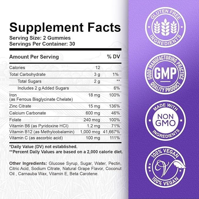 Iron Gummies - with Calcium, Zinc, Folate & Vitamin B12, C, B6 for Adults & Kids - Blood Builder & Energy Support for Iron Deficiency, Anemia, Vegan - 2 Pack Grape Flavour,60 Gummies