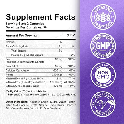 Iron Gummies - with Calcium, Zinc, Folate & Vitamin B12, C, B6 for Adults & Kids - Blood Builder & Energy Support for Iron Deficiency, Anemia, Vegan - 2 Pack Grape Flavour,60 Gummies