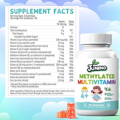 Methylated Multivitamin Gummies for Kids - MTHFR Support Supplement with B Complex 5-MTHF Folate (L-Methylfolate) B1 B3 B6 Methylcobalamin B12 Biotin & Vitamins A C D3 E - Vegan Gluten-Free No Sugar
