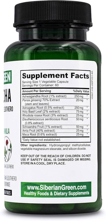 Organic Ashwagandha Root with Astragalus & Siberian Eleuthero Ginseng Complex 60 Capsules Powerful Herbal Support