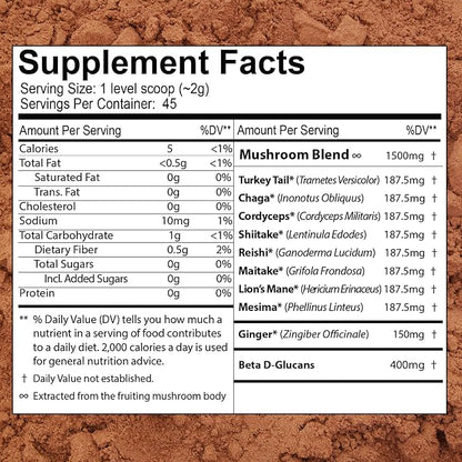 Organic 8 Mushroom Immunity Powder, Non-GMO - Turkey Tail, Chaga, Cordyceps, Shiitake, Reishi, Maitake, Lion's Mane, and Mesima - Vegan Mushroom Supplement in a Resealable Glass Jar