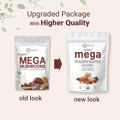 Micro Ingredients Organic Mega Mushroom 10 in 1 Complex Formula Powder for Immune System Booster, 10 Ounce (284 Days Supply), Chaga, Lions Mane, Cordyceps, Reishi & More, Filler Free, Vegan