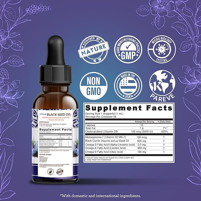 GuruNanda Black Seed Oil, Cold-Pressed Nigella Sativa - Rich in Vitamin D3 5000 Units, K2 & E, High Thymoquinone | Potent Antioxidant for Immune Support, Non-GMO, 2 Fl.oz