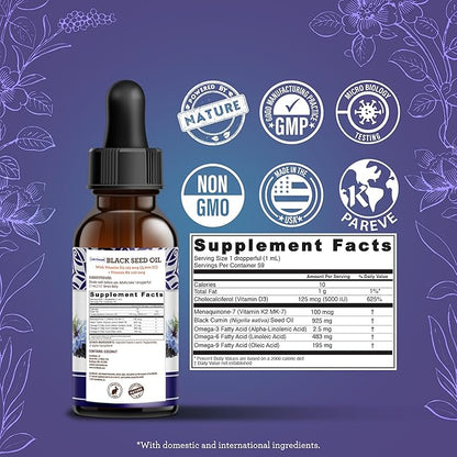 GuruNanda Black Seed Oil, Cold-Pressed Nigella Sativa - Rich in Vitamin D3 5000 Units, K2 & E, High Thymoquinone | Potent Antioxidant for Immune Support, Non-GMO, 2 Fl.oz