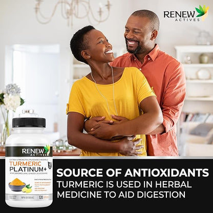 Renew Actives Turmeric Platinum 1350MG per 3 Capsules with Black Pepper & Ginger – Antioxidant, Liver & Digestive Support – Reduces Inflammation & Boosts Immunity – Made in Canada – 120 Capsules
