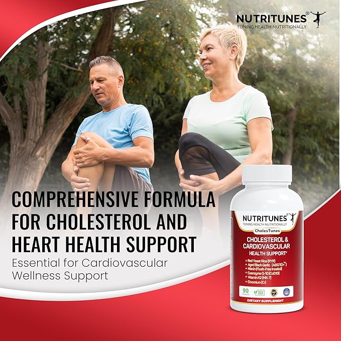 Cholestunes –Cholesterol & Heart Health Support Advanced Supplement Red Yeast Rice (RYR), Aged Black Garlic CoQ10, Niacin (Flush-Free), Chromium & Vitamin K2– 90 Capsules