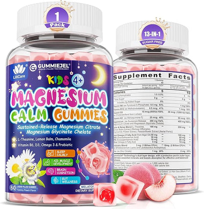 Magnesium Glycinate Gummies for Kids 4+ & Magnesium Citrate, Melatonin Free-Kids Magnesium Supplement w/L-Theanine, Omega 3, D3 K2, B6 B12, for Zzz, Relaxation, Muscle, Brain & Gut, Sugar Free 60 Cts