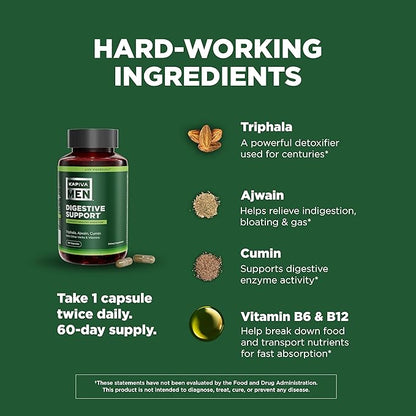 Digestive Support Supplement with Triphala, Ajwain, Cumin, and Other Herbs and Vitamins, Supports Healthy Digestion and Gut Health, 60 Day Supply, 120 Capsules