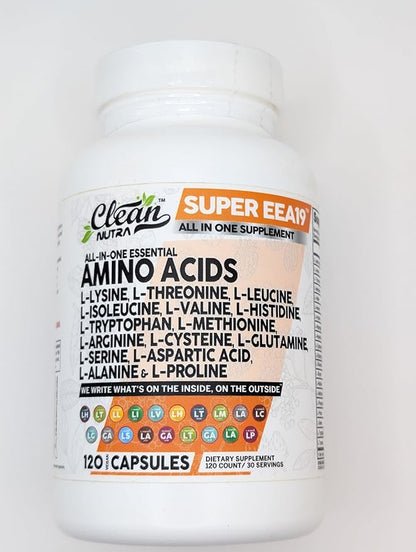 Clean Nutraceuticals Amino Acids Supplement L-Lysine, L-Threonine, L-Leucine, Isoleucine, Valine, L-Histidine, L-Tryptophan, L-Methionine, L-Arginine, L-Cysteine, L-Glutamine, L-Serine, Aspartic Acid