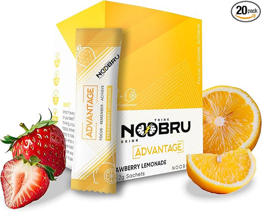 Noobru Аdvantage Nootropic - Delicious Nootropics Brain Supplement with 11 Active Ingredients - Natural Cognitive Enhancer - 20 Strawberry Lemonade Sachets - 1 Month Supply, 20 Count (Pack of 1)