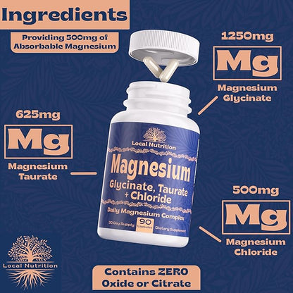Triple Magnesium Complex 500mg from Magnesium Glycinate 1250mg, Magnesium Taurate 625mg, Magnesium Chloride 500mg - Premium, High Absorption Chelated Magnesium Supplement - 90 Capsules Made in USA