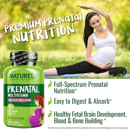 NATURELO Prenatal Multivitamin with Gentle Chelated Iron, Methyl Folate, Plant Calcium & Choline - Vegan, Vegetarian - Non-GMO - Gluten Free - 180 Capsules - 4 Month Supply (Pack of 2)