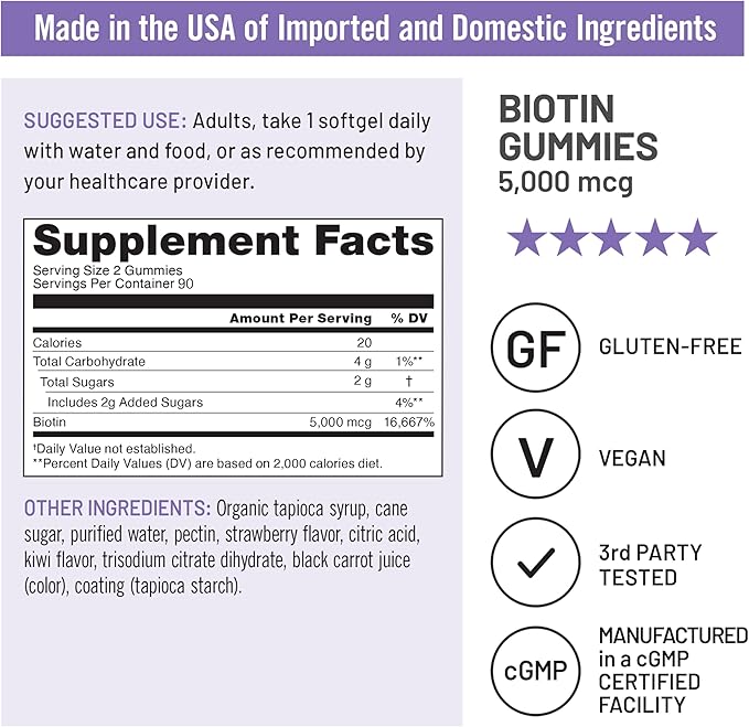 NatureWise Biotin Gummies - Supports Healthy Hair, Skin and Strong Nails - Vitamin B7 5000mcg - Natural Beauty - Strawberry-Kiwi Flavor - Vegan, Non-GMO, Gluten Free - 180 Count[90 Day Supply]