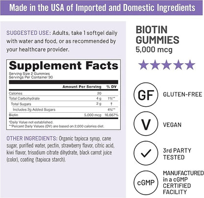 NatureWise Biotin Gummies - Supports Healthy Hair, Skin and Strong Nails - Vitamin B7 5000mcg - Natural Beauty - Strawberry-Kiwi Flavor - Vegan, Non-GMO, Gluten Free - 180 Count[90 Day Supply]