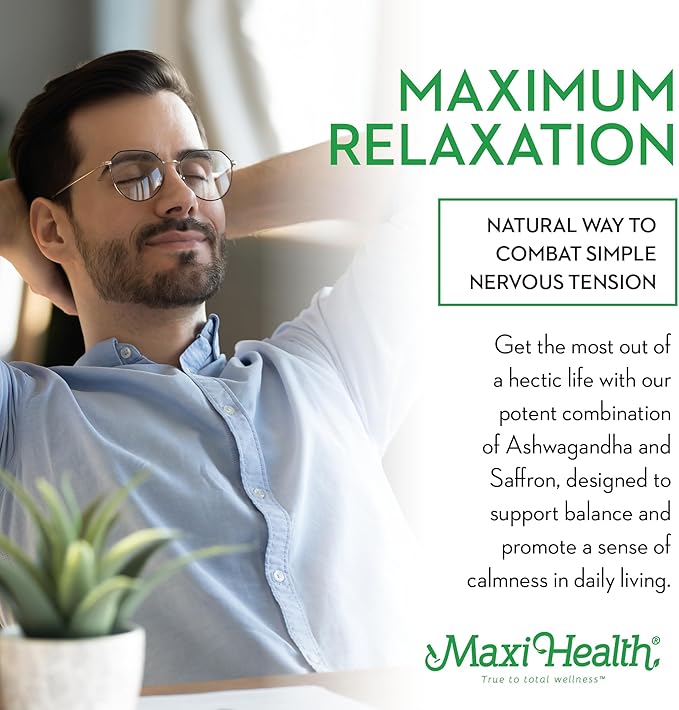 Maxi Health Ashwagandha Saffron Complex 600mg with 30mg Saffron Extract, Serenity and Relaxation, Calm and Mood Support - Vegetarian Non GMO Gluten Free Kosher Saffron Supplements, 60 Capsules