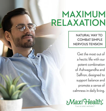 Maxi Health Ashwagandha Saffron Complex 600mg with 30mg Saffron Extract, Serenity and Relaxation, Calm and Mood Support - Vegetarian Non GMO Gluten Free Kosher Saffron Supplements, 60 Capsules
