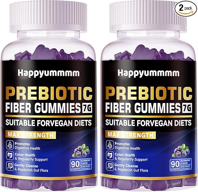Prebiotic Fiber Gummies for Adults, 7G Extra Strength, Zero Sugar Added, 90 Pectin Based Gummies, Digestive Health & Regularity Support-Blueberry-2pack