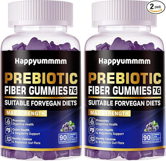 Prebiotic Fiber Gummies for Adults, 7G Extra Strength, Zero Sugar Added, 90 Pectin Based Gummies, Digestive Health & Regularity Support-Blueberry-2pack