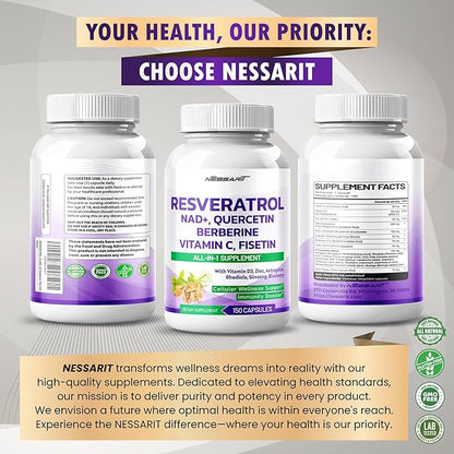 RESVERATROL Supplement - 18-in-1 Natural Blend with NAD + Milk Thistle Astragalus Rhodiola Gotu Kola Elderberry Blueberry - 150 Count - Made & Tested in The USA