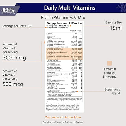 Buried Treasure Daily Nutrition Liquid Multivitamin and Mineral Supplement with Trace Minerals, Superfoods, Vitamin A, B-Complex, C, D, E, Methylfolate, Biotin, Magnesium, Zinc, Resveratrol, 32 serv
