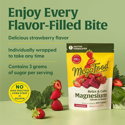 MegaFood Relax + Calm Magnesium Supplement - Soft Chews with Magnesium Citrate & Malate for Heart Health, Muscle Tension & More - Vegetarian - Strawberry-Flavor - 30 Chews per Pack (2 Pack)