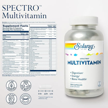 SOLARAY Spectro Multivitamin with Iron - Multi Vitamin with Calcium, Magnesium, Energizing Greens, Herbs & Digestive Enzymes - Digestion, Energy, and Bone Health Support (41 Serv, 250 CT)