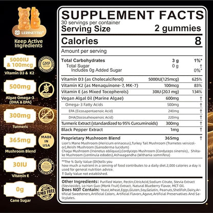 Vitamin D3 5000iu(125mcg) + Vitamin K2(MK7) Gummies with Algae Omega 3 | Maximum Strength Vitamin D3+K2 | for Bone, Teeth, Energy, Immune, Calcium Absorption - Vegan, Sugar Free,120Ct