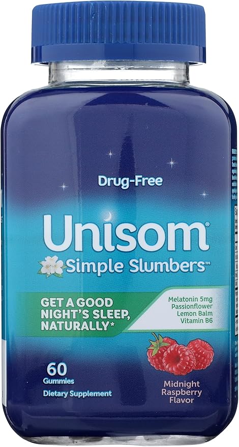 Unisom Simple Slumbers Drug Free Sleep Aid Gummies Melatonin 5mg Midnight Raspberry, Purple, 60 Count