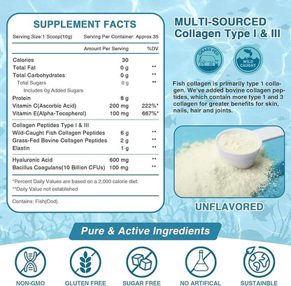 NATURE TARGET Marine Collagen Peptides Powder - Type I & III Collagen with Probiotics, Vitamin C & Hyaluronic Acid for Skin, Hair, Nails & Joint, Wild-Caught Fish & Grass-Fed Bovine, 35 Servings
