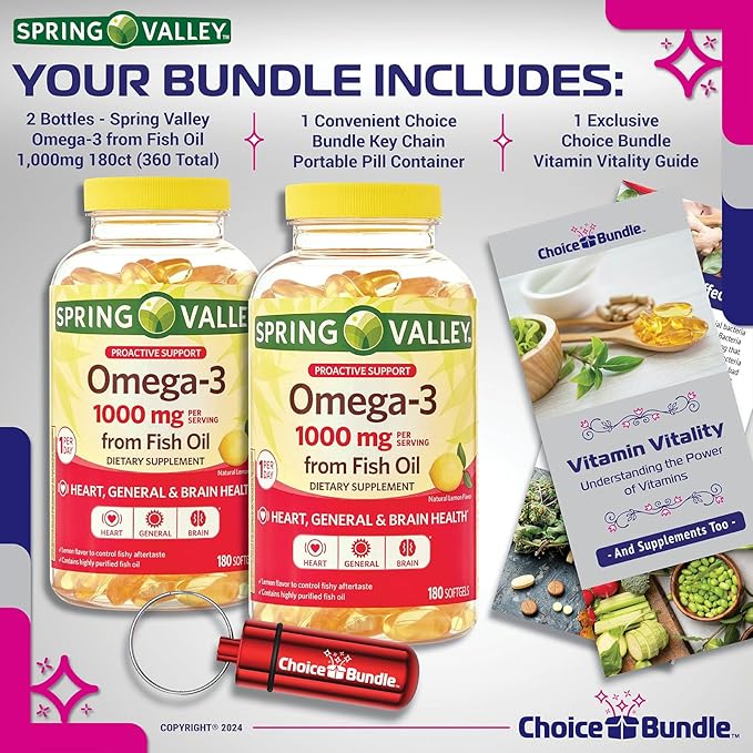 Spring Valley Proactive Support Omega-3 Fish Oil Soft Gels 1000 mg 180 Ct 2 pk (360 Total) + Vitamin Guide & Pill Container (4 Items)!