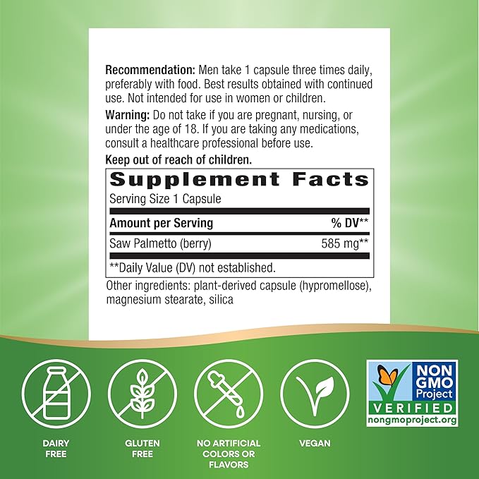 Nature's Way Saw Palmetto Berries, Traditional Prostate Support*, 585 mg per Serving, Non-GMO Project Verified, Vegan, 180 Capsules (Packaging May Vary)