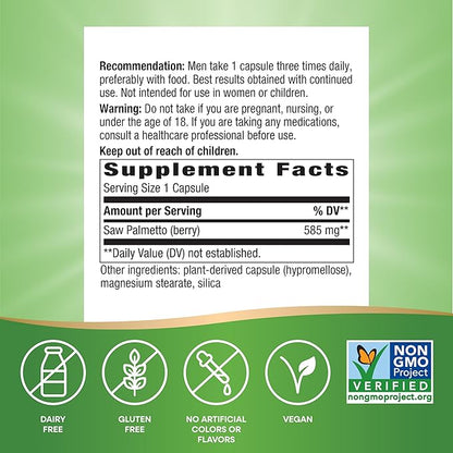 Nature's Way Saw Palmetto Berries, Traditional Prostate Support*, 585 mg per Serving, Non-GMO Project Verified, Vegan, 180 Capsules (Packaging May Vary)
