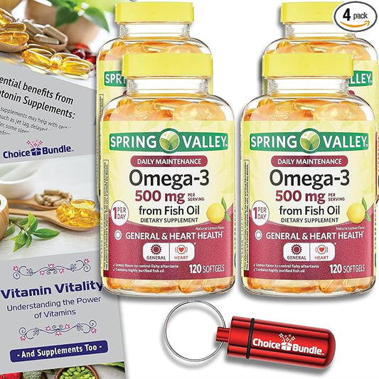 Spring Valley Fish Oil Omega 3 Fatty Acid Supplement Lemon Softgels 500 mg 120 Ct 4 pk (480 Total) + Vitamin Guide and Pill Container (6 Items)!